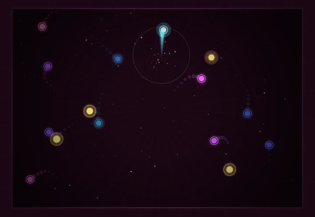 Round eleven of ECHO: the same arena now crowded with ten coloured ghosts, each trailing dotted paths across a deep magenta field. The cyan player threads a narrow gap near the top.