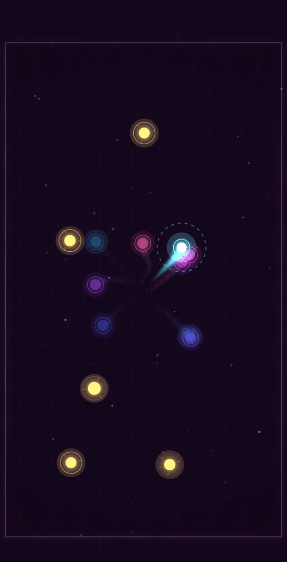 ECHO running in portrait on a phone-shaped screen: eight ghosts converge on the cyan player, which is mid-dodge inside a white near-miss ring.