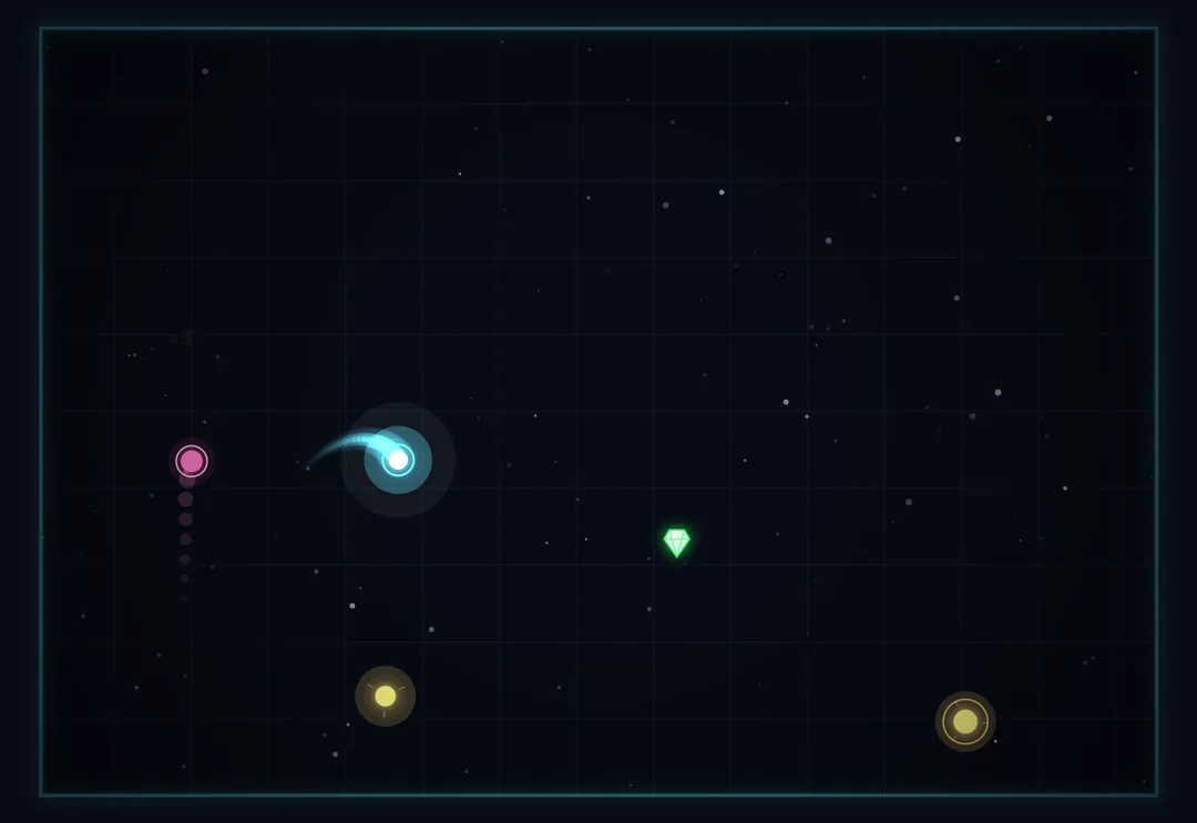 Round two of ECHO: a near-empty dark arena with a cyan grid border. The cyan player ship trails light behind it, one magenta ghost trails down the left edge, two gold orbs and a green diamond wait to be collected.